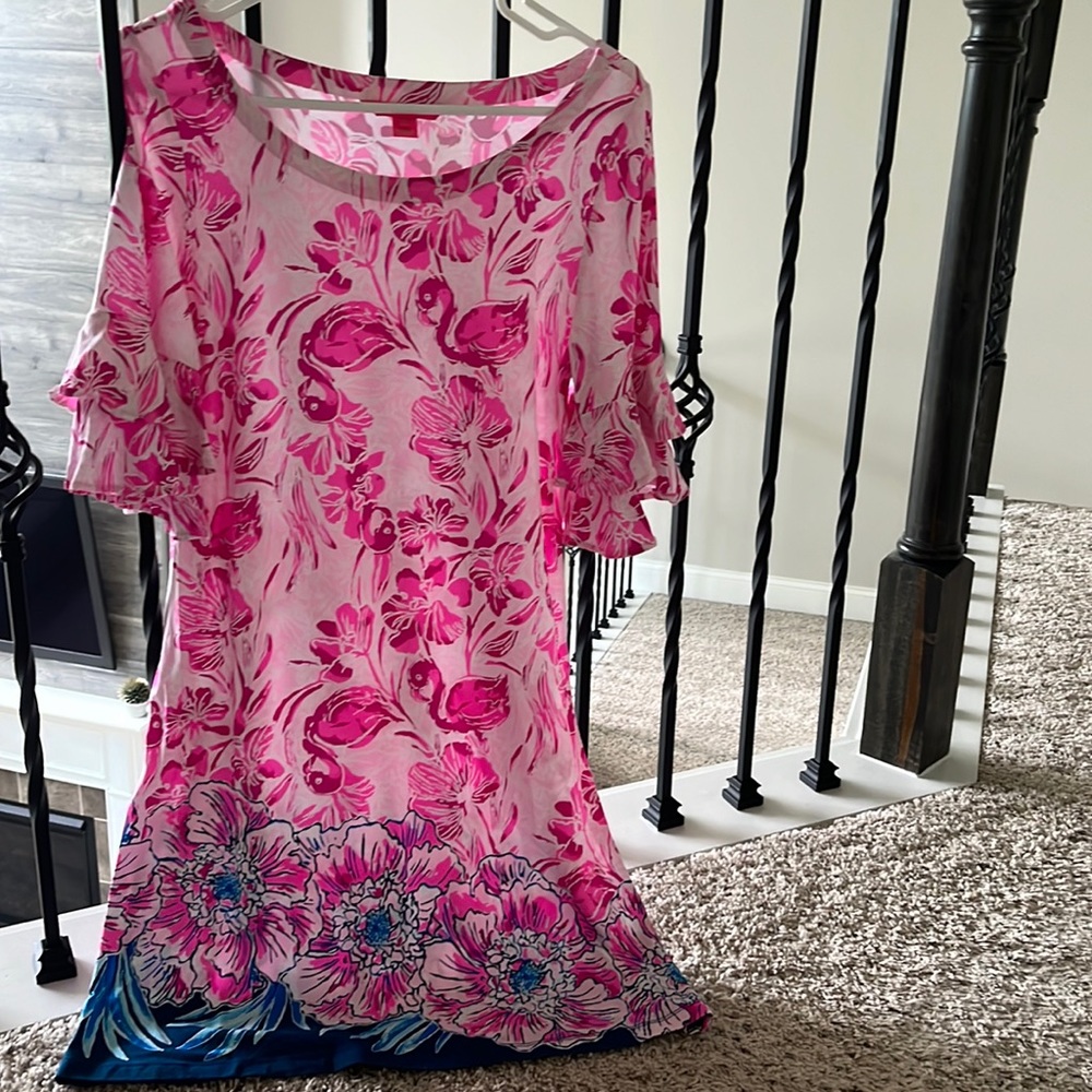 Lilly Pulitzer size Medium pink/white/blue cotton dress with ruffle sleeve.